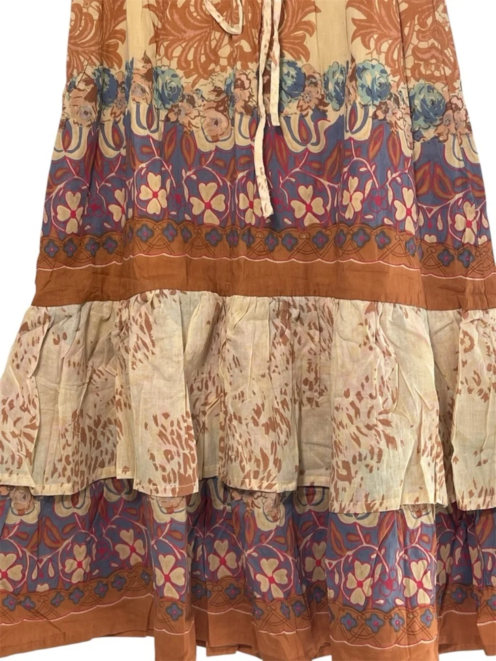 Chaudry KC Women’s Boho Tiered Midi Dress in Beige and Rust Floral Size L NWT